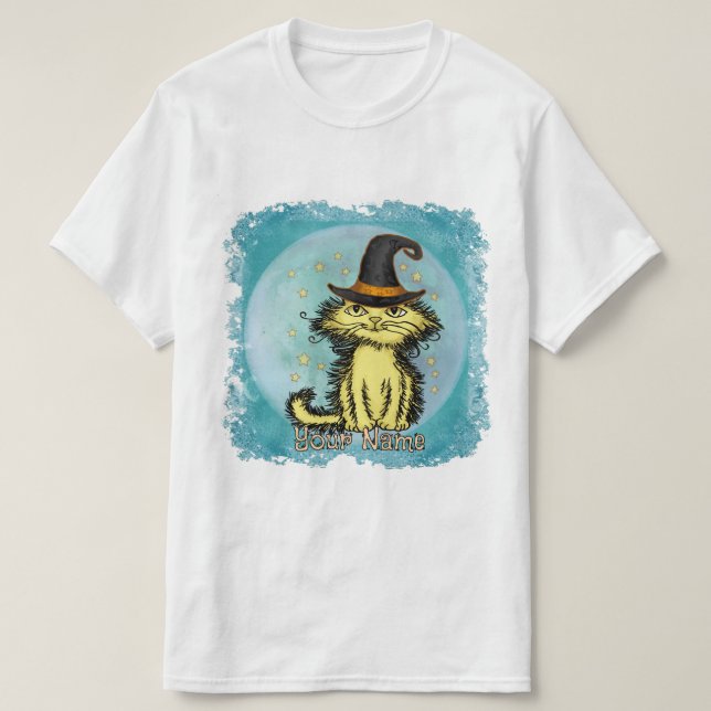 Scraggles Yellow Cat Witch T Shirt (Design framsida)