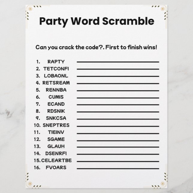Scramble party Ord - utskrivbart spel Brevhuvud (Framsida)