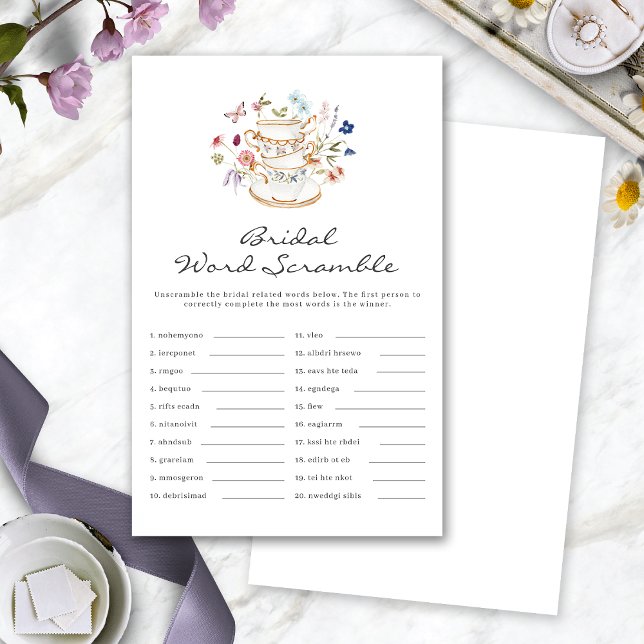 Scramble-spel i Tea Möhippa Ord (Tea Cup Bridal Shower Word Scramble Game by Painted Paperie
)