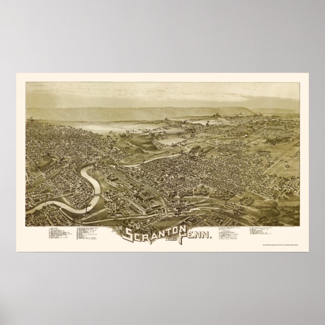Scranton, PA Panoramic Karta - 1890 Poster (Framsidan)