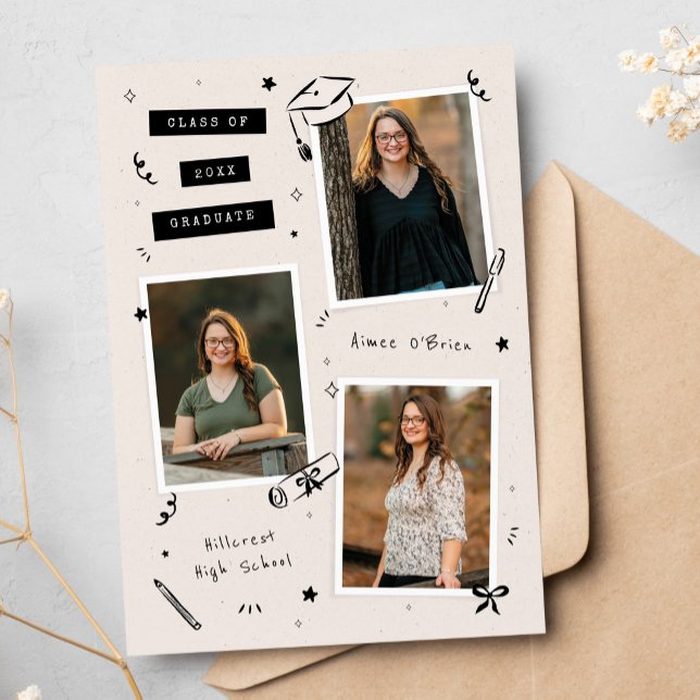 Scrapbook Doodles 3-Photo Snapshot Graduation Meddelande (3-photo graduation announcement with quirky hand-drawn doodles, scrapbook style layout)