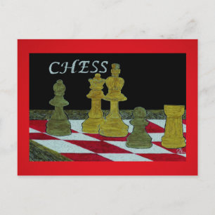 Scratchboard Art of Kung and Queen Chess Players Vykort