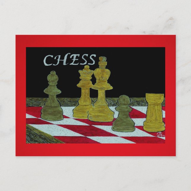 Scratchboard Art of Kung and Queen Chess Players Vykort (Framsida)