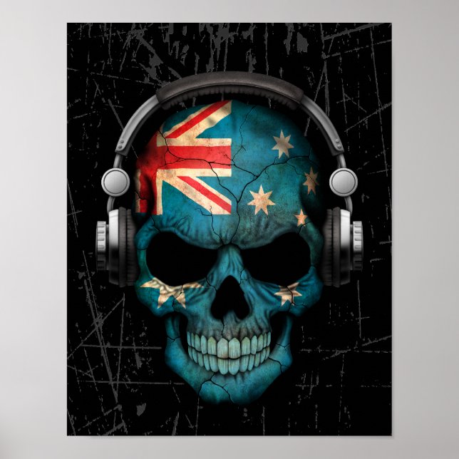 Scratched Australian Dj Skull med hörlurar Poster (Framsidan)