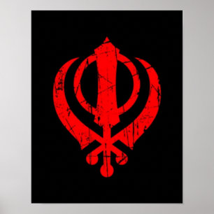 Scratched Red Sikh Khanda-symbol på svart Poster