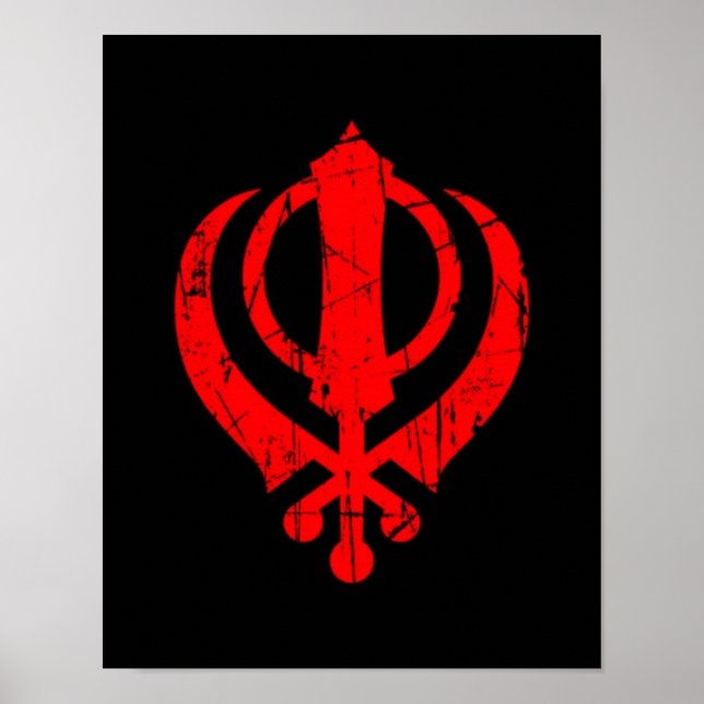Scratched Red Sikh Khanda-symbol på svart Poster (Framsidan)