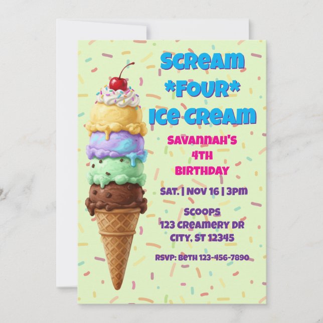 Scream FOUR Ice Cream, 4th Birthday  Inbjudningar (Framsida)