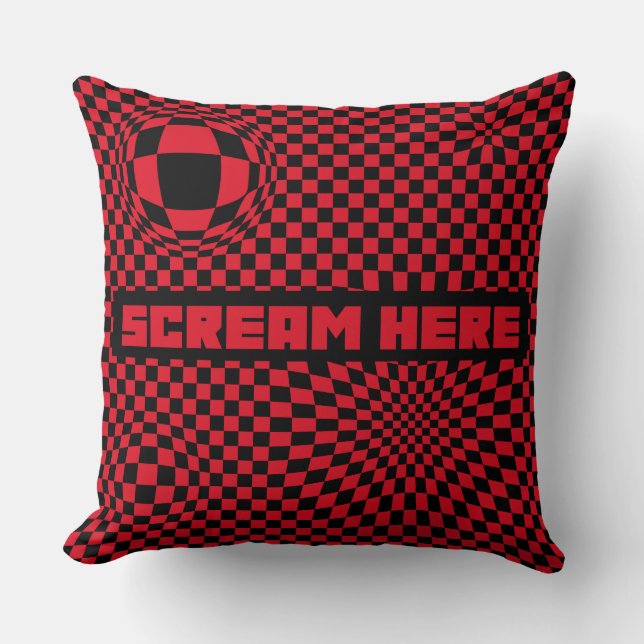 Scream Here | Red Checkered Optical Illusion Throw Kudde (Framsida)