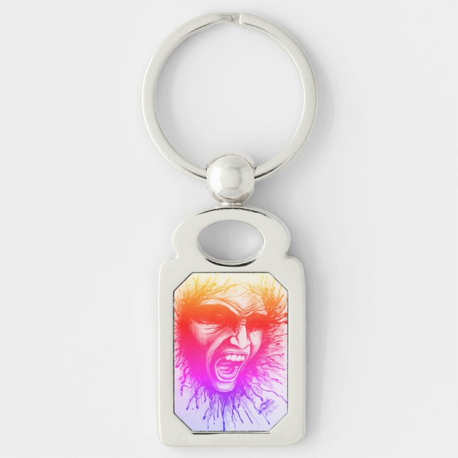 Screaming Ansikte Rektangulärt Silverfärgad Nyckelring (Framsidan)