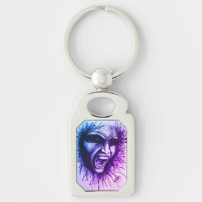 Screaming Ansikte Rektangulärt Silverfärgad Nyckelring (Framsidan)