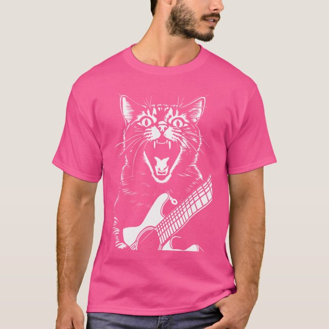 Screaming Cat Musician spelar ut akustiskt gitarr T Shirt (Framsida)