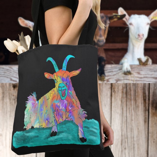 Screaming Goat Funny Colorful Illustration Tygkasse (Funny screaming goat tote bag colorful farm animal humor)
