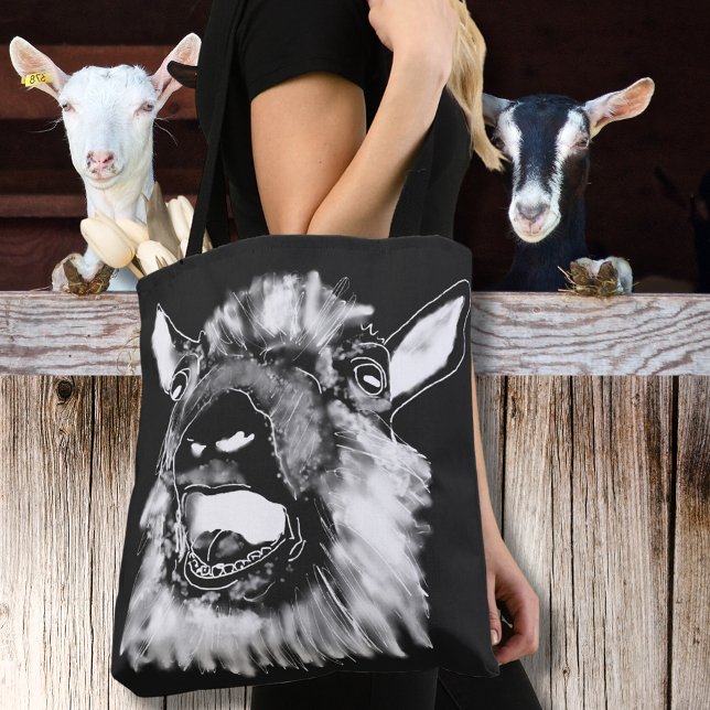 Screaming Goat Funny Jazzy Monochrome Konstig Anim Tygkasse (Funny screaming goat black and white animal art tote bag)
