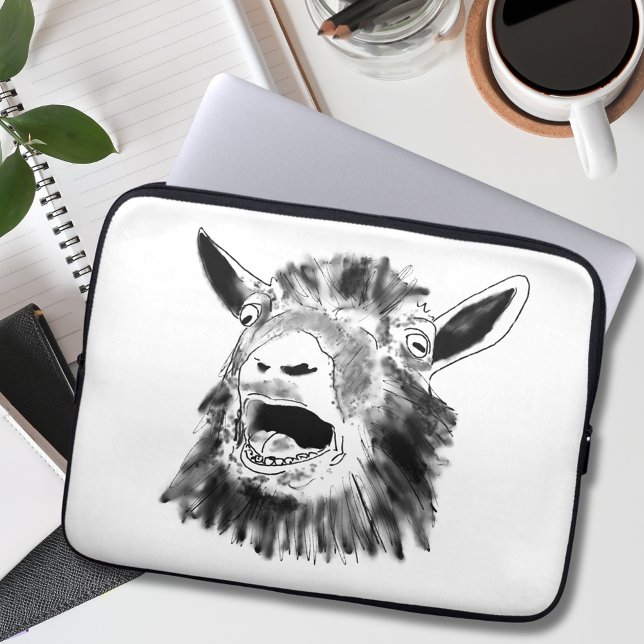 Screaming Goat Funny Teckning Laptop Fodral (Funny screaming goat drawing black and white laptop sleeve)