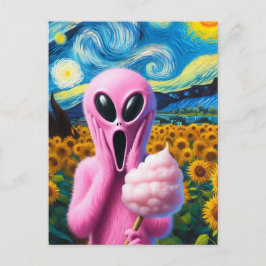 Screaming Rosa Alien med Bomull Candy Sunblommor Vykort