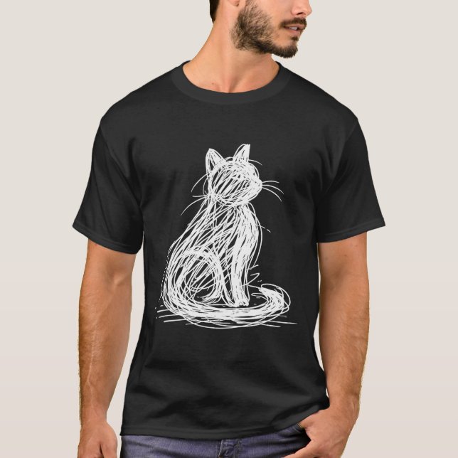 Scribble Cat Minimal Line Art Japanese  T Shirt (Framsida)