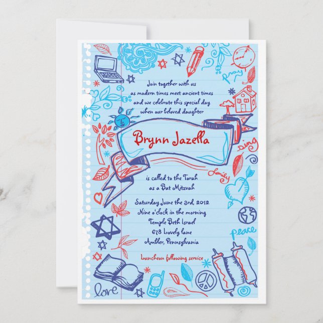 SCRIBBLES om Bat mitzvah inbjudan till NOTEPAPER F (Framsida)
