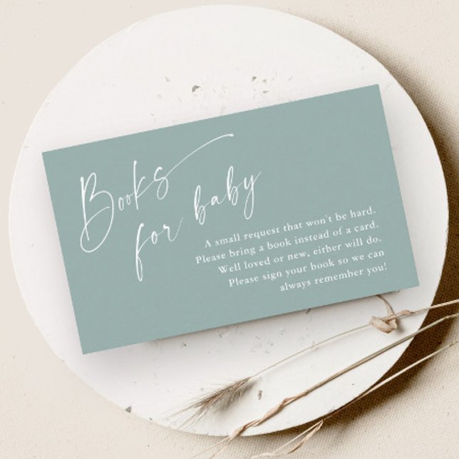 Script Bokar för Baby Neutralt Baby Shower Tilläggskort (Modern script gender neutral sage green baby shower books for baby enclosure card.)