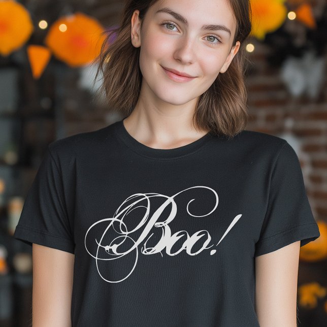 Script Boo Elegant Spooky Halloween T Shirt (A chic Halloween design that keeps it simple and stylish)