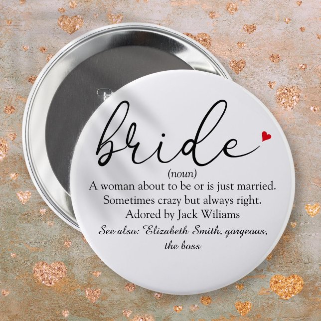 Script Brud Definition, Bröllopsfest, Bröllop Knapp (Script Bride Definition Bridal Shower Wedding Button)