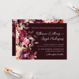Script calligraphy Bouquet Floral Burgundy Wedding Inbjudningar