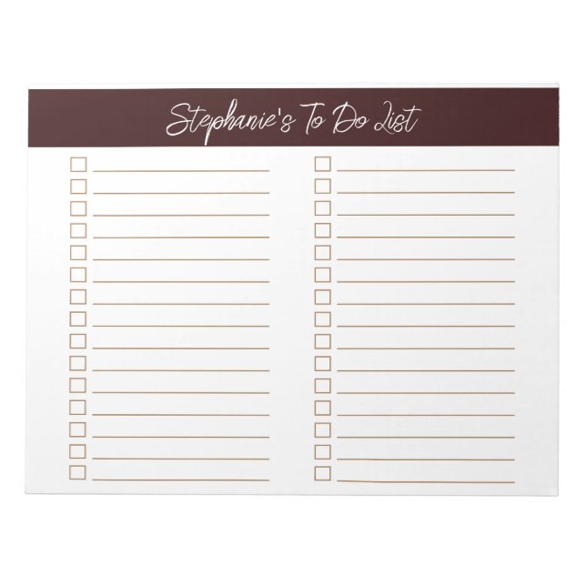 Script Chocolate Brown 8.5x11 Two Column Checklist Anteckningsblock (Framsida)