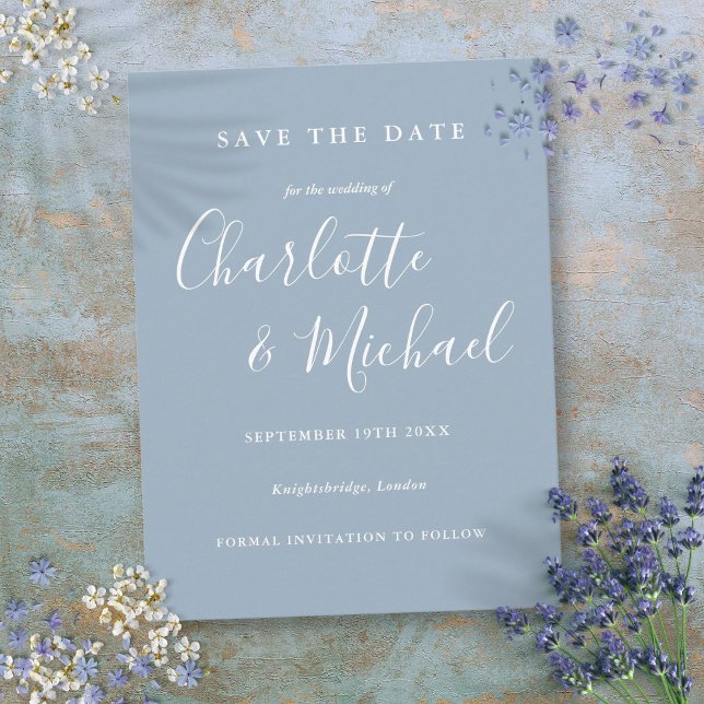 Script Dusty Blue Bröllop Bevara Datum Kort (Script Dusty Blue Wedding Save the Date Card)
