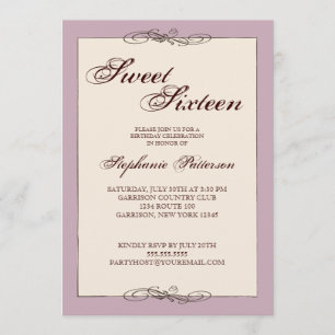 Script Elegance-Sweet sixteen i Cream & Lilac Inbjudningar