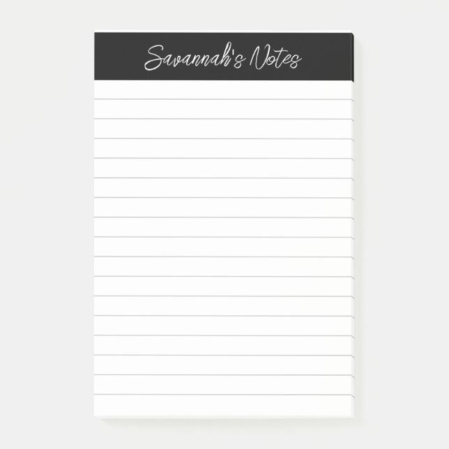 Script Elegant Black Gray Lined Personalized Post-it Block (Framsida)