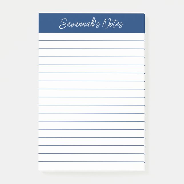 Script Elegant Navy Blue Lined Personalized Post-it Block (Framsida)