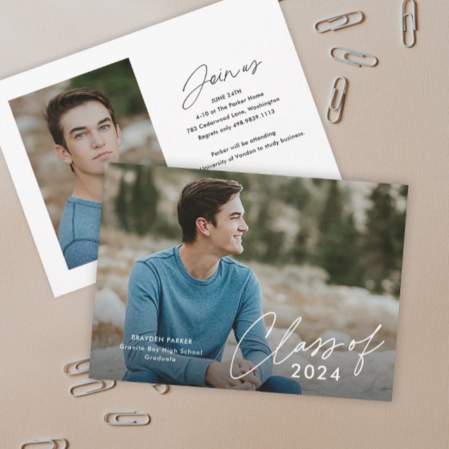 Script Examensklass Foto Examen  Inbjudningar (Simple modern class of 2024 (editable year) script photo graduation invitation announcement.)