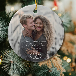 Script First Christmas Mr & Mrs Wedding Photo Julgransprydnad Keramik