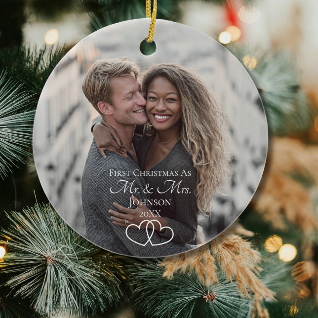 Script First Christmas Mr & Mrs Wedding Photo Julgransprydnad Keramik (Skapare uppladdad)