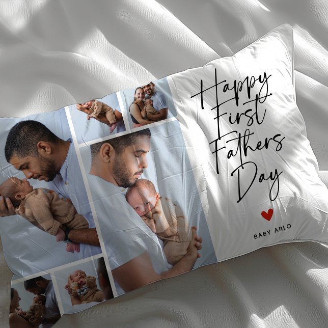 Script First Father's Day Photo Collage Gift Lumbarkudde (Skapare uppladdad)