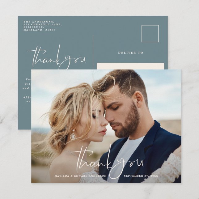 Script foto bröllop tack modern minimal blå meddelande vykort (Fram/baksida)