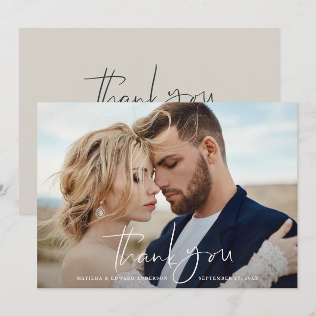 Script foto bröllop tack modern minimal chic kort (Fram/baksida)