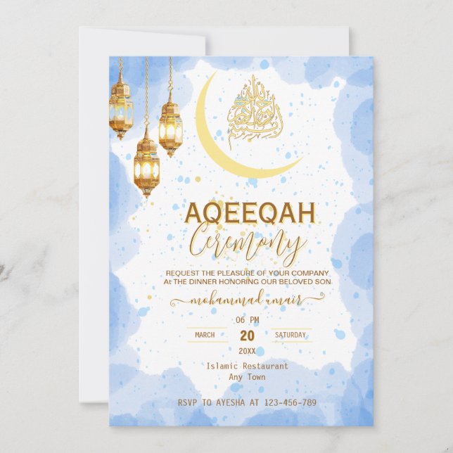 Script gold crescent Baby Boy Aqiqah Invitation Inbjudningar (Framsida)