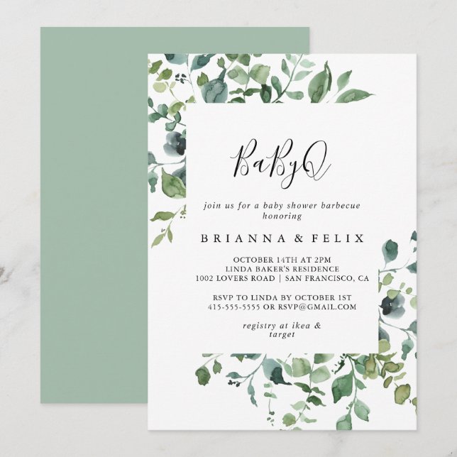 Script Grönt Foliage BabyQ Baby Shower Barbecue Inbjudningar (Fram/baksida)