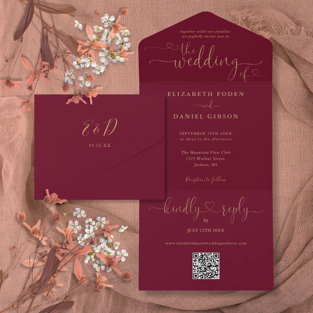 Script Hearts Burgundy och guld QR-kod Bröllop (Script Hearts Burgundy And Gold QR Code Wedding All In One Invitation)