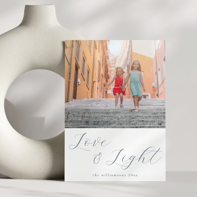 Script Kärlek Light Simple Hanukkah 2 Blue Photo Julkort (Skapare uppladdad)