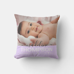 Script Lila Baby Newborn Keepsaké Namn Photo Kudde