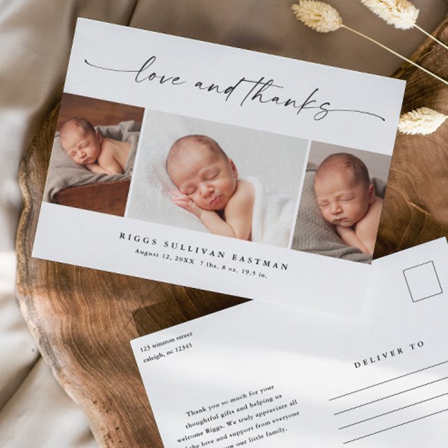 Script Love and Thanks Photo Baby Thank You  Vykort (Modern script love and thanks 3 photo collage baby thank you announcement postcards.)