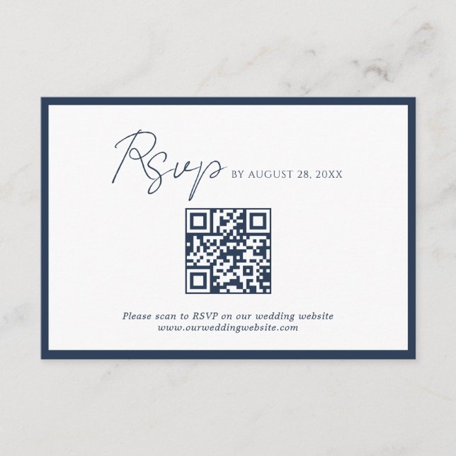 Script Marinblå Kant QR-kod Bröllop RSVP Tilläggskort (Framsida)