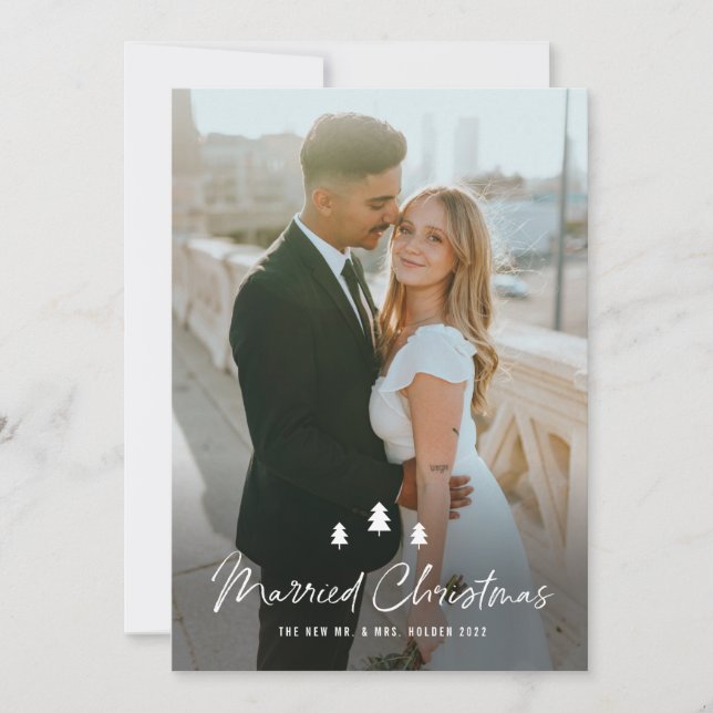 Script Married Christmas Trees Wedding Photo Julkort (Framsida)