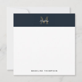 Script Metallic Navy Blue Gold Monogram Square Anteckningskort