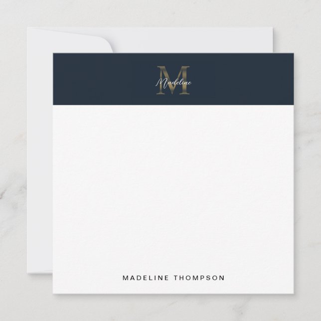 Script Metallic Navy Blue Gold Monogram Square Anteckningskort (Framsida)