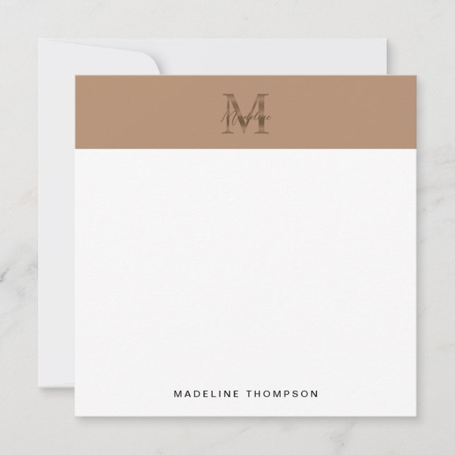 Script Metallic Taupe Gold Monogram Square Anteckningskort (Framsida)