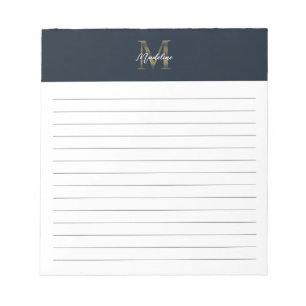 Script Metallisk Marinblå Guld Monogram Linjerad Anteckningsblock
