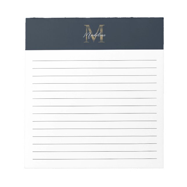 Script Metallisk Marinblå Guld Monogram Linjerad Anteckningsblock (Framsida)