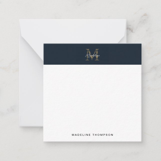 Script Metallisk Navy Guld Monogram Fyrkantig Mini Anteckningskort (Framsida)